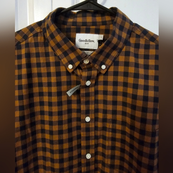 Goodfellow & Co Men's Large Button Down Collared Shirt Brown Blue Flannel NWT - Picture 2 of 4